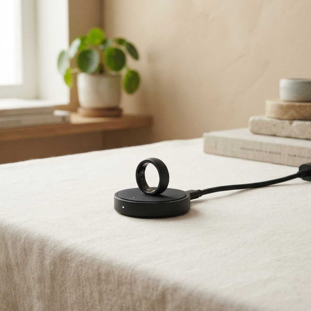 Voltery smart ring resting on its charging dock