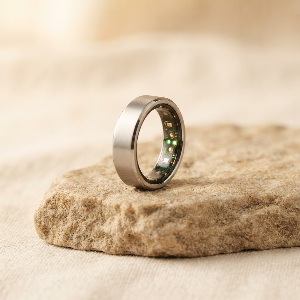Voltery smart ring standing on a natural stone slab